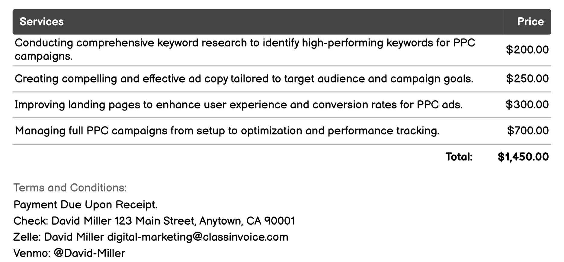 Pay-Per-Click Advertising (PPC) Invoice Example