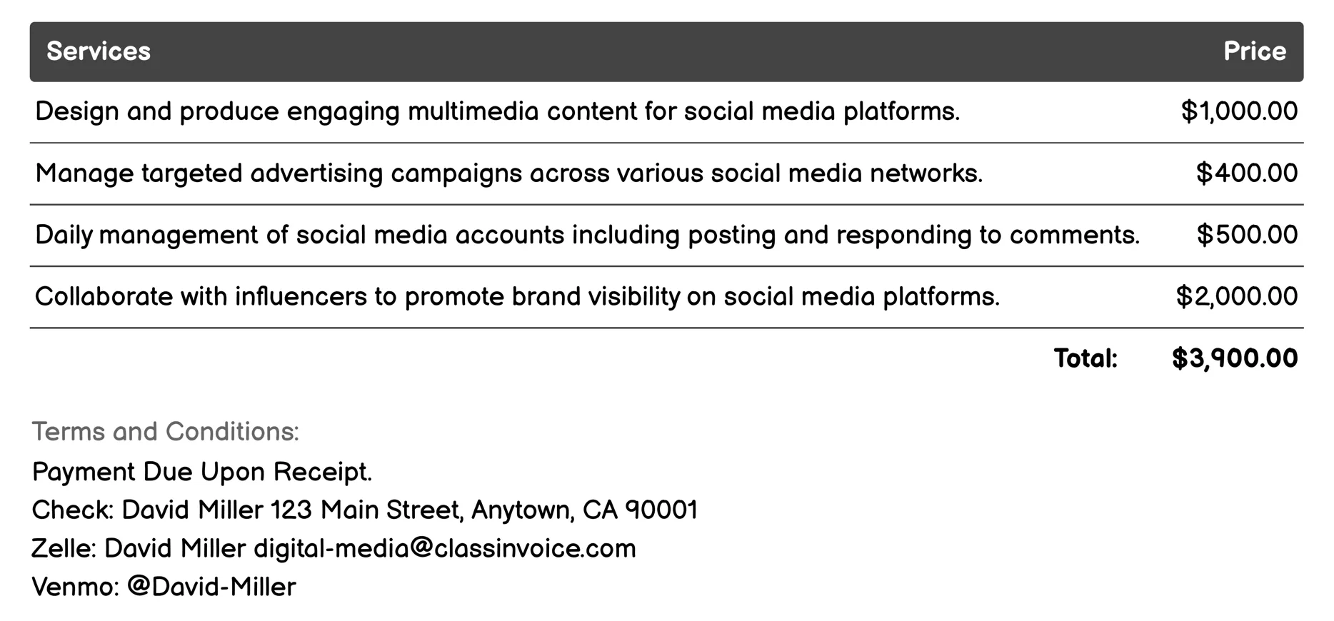 Social Media Platforms Invoice Example