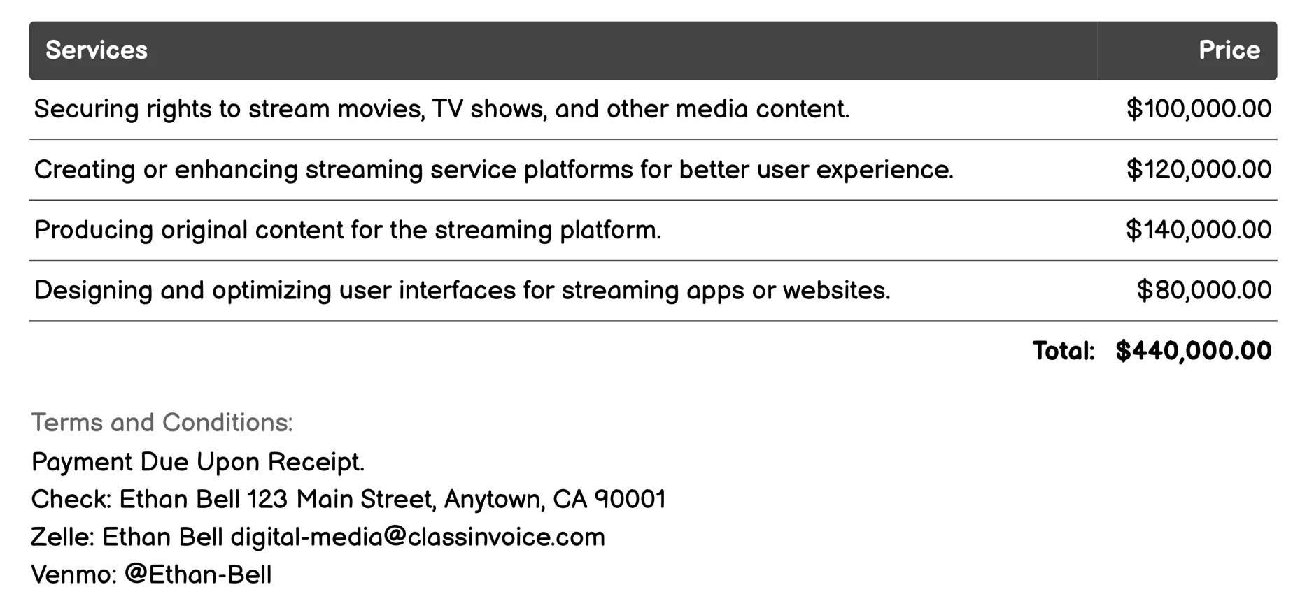Streaming Services Invoice Example