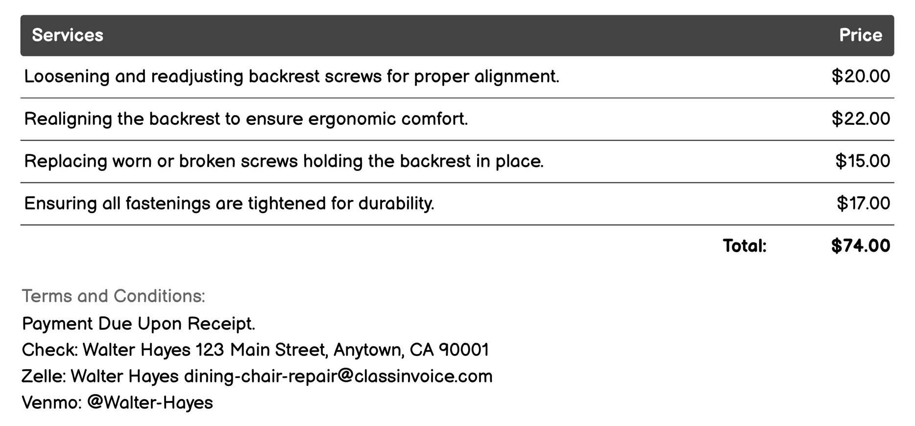 Backrest Adjustment Invoice Example