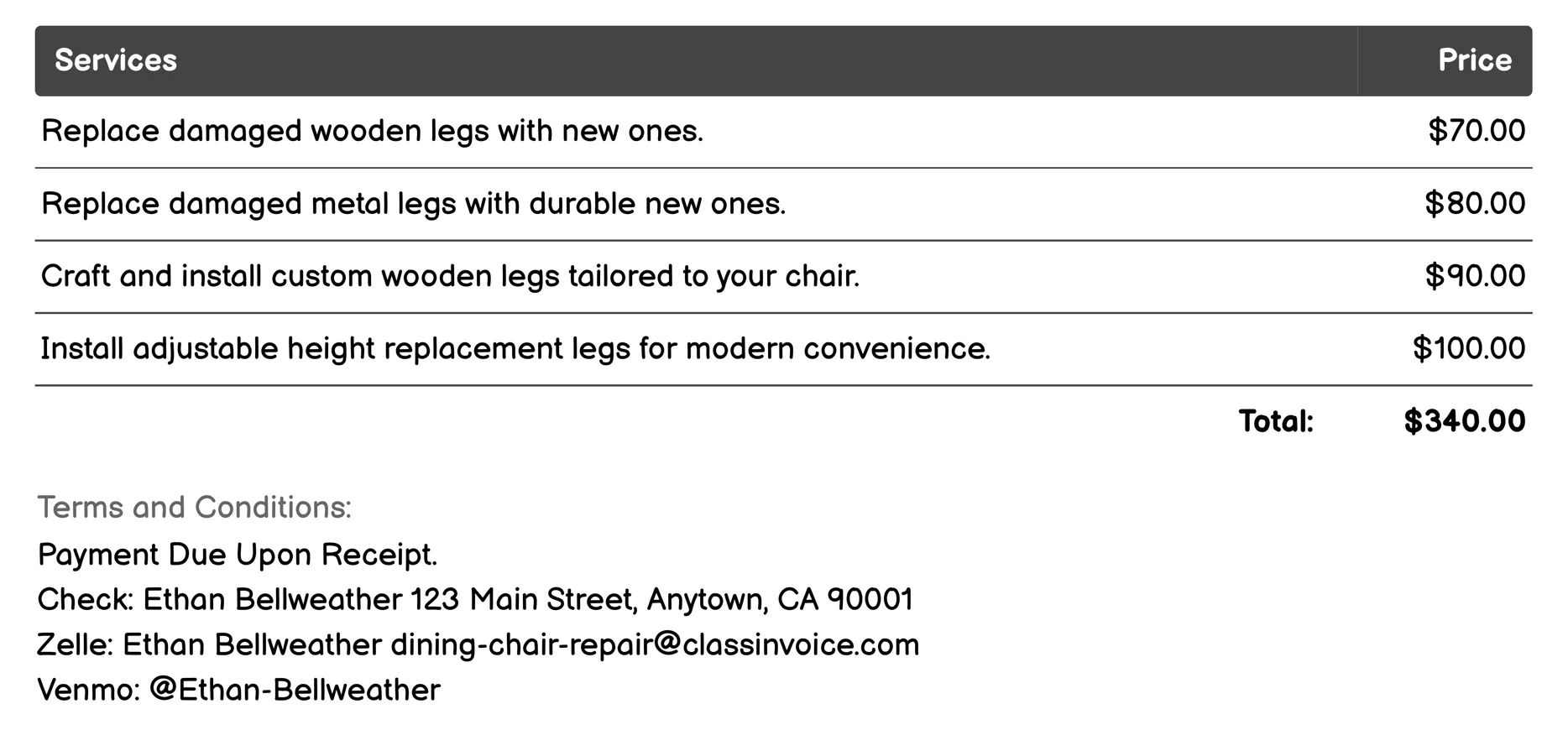 Leg Replacement Invoice Example