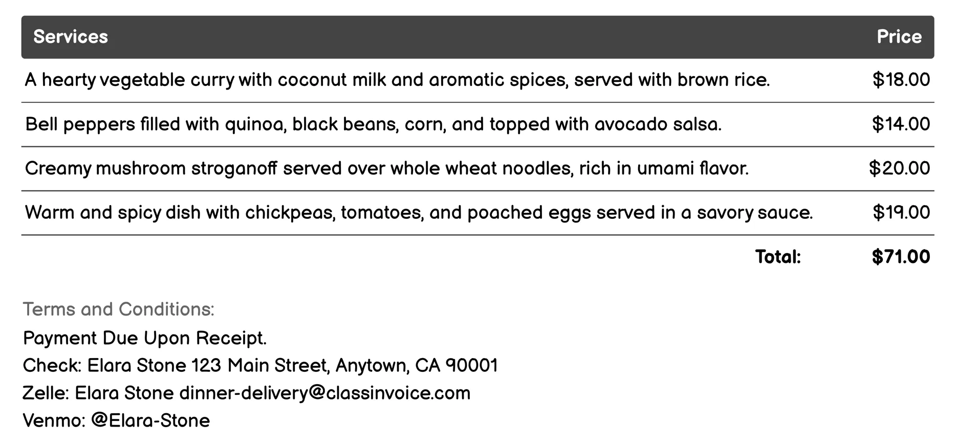 Vegetarian/Vegan Dinner Service Invoice Example