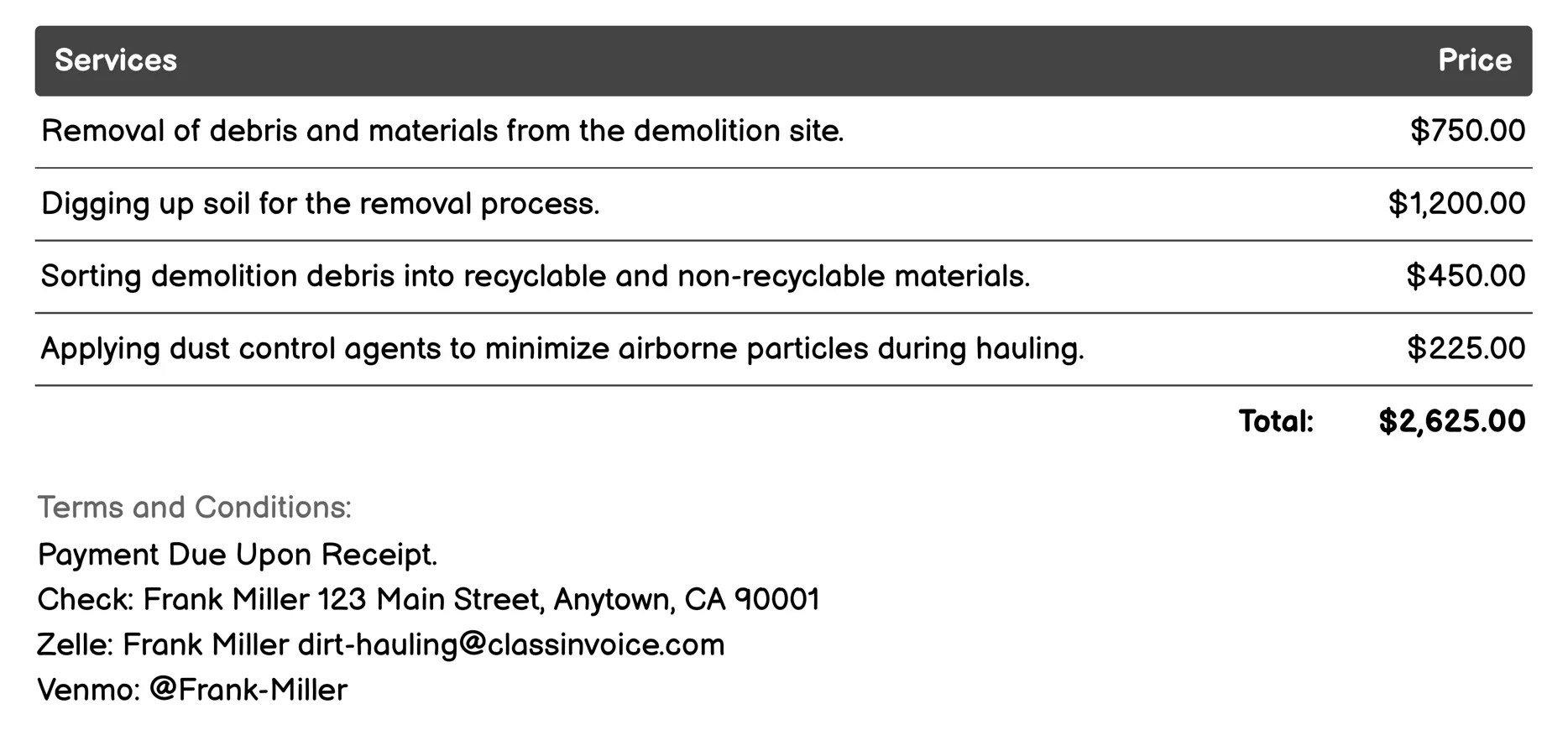 Concrete and Asphalt Demolition Invoice Example