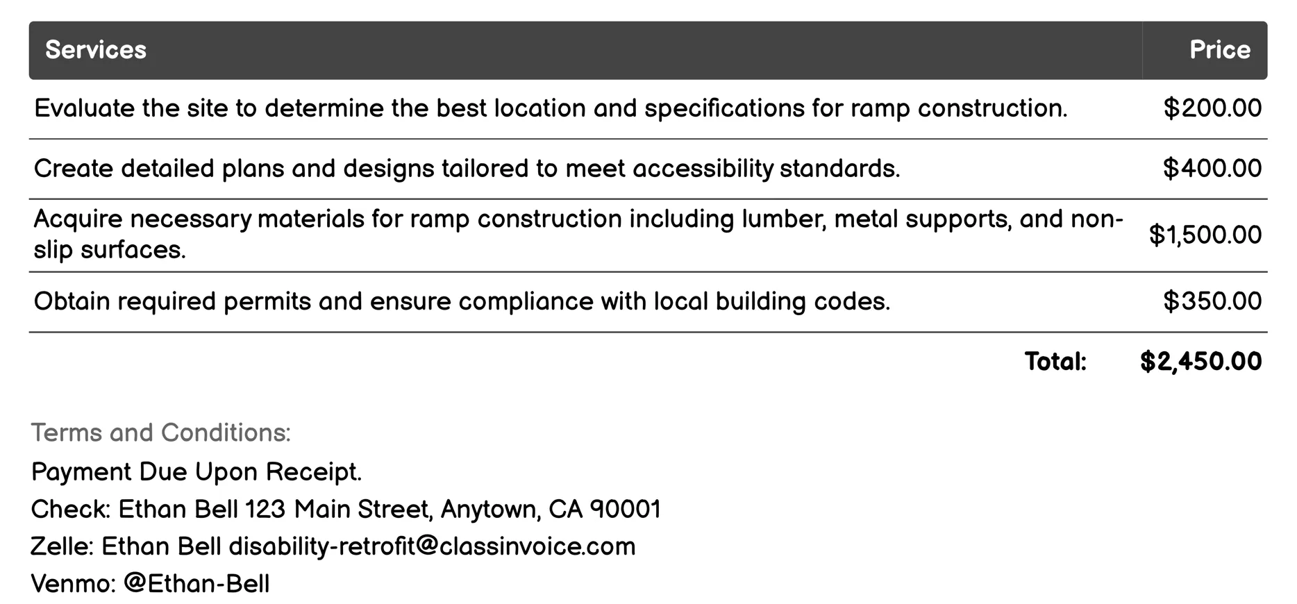 Ramp Construction Invoice Example
