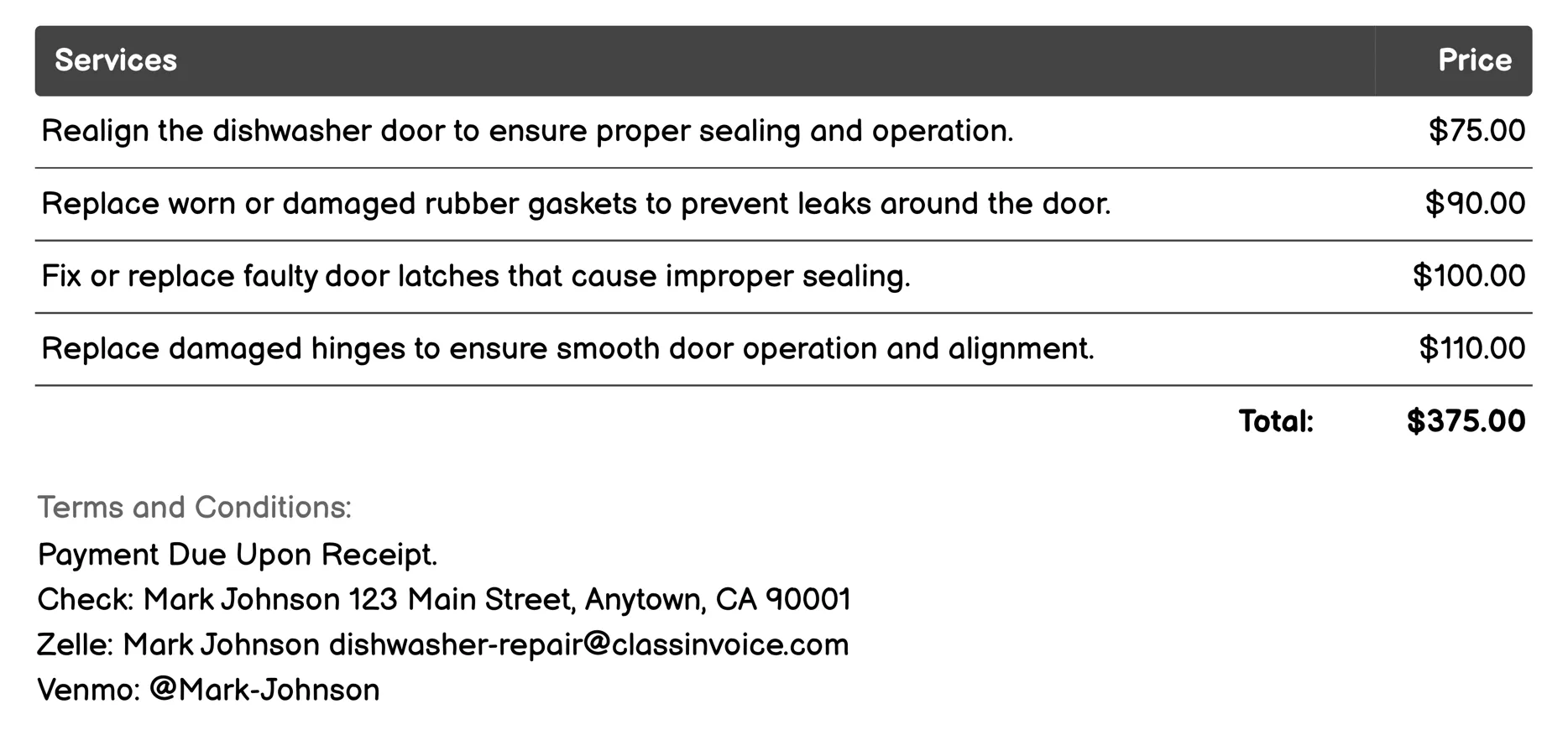 Door and Seal Repairs Invoice Example