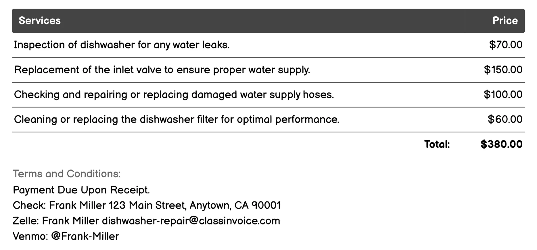 Water Supply Repair Invoice Example