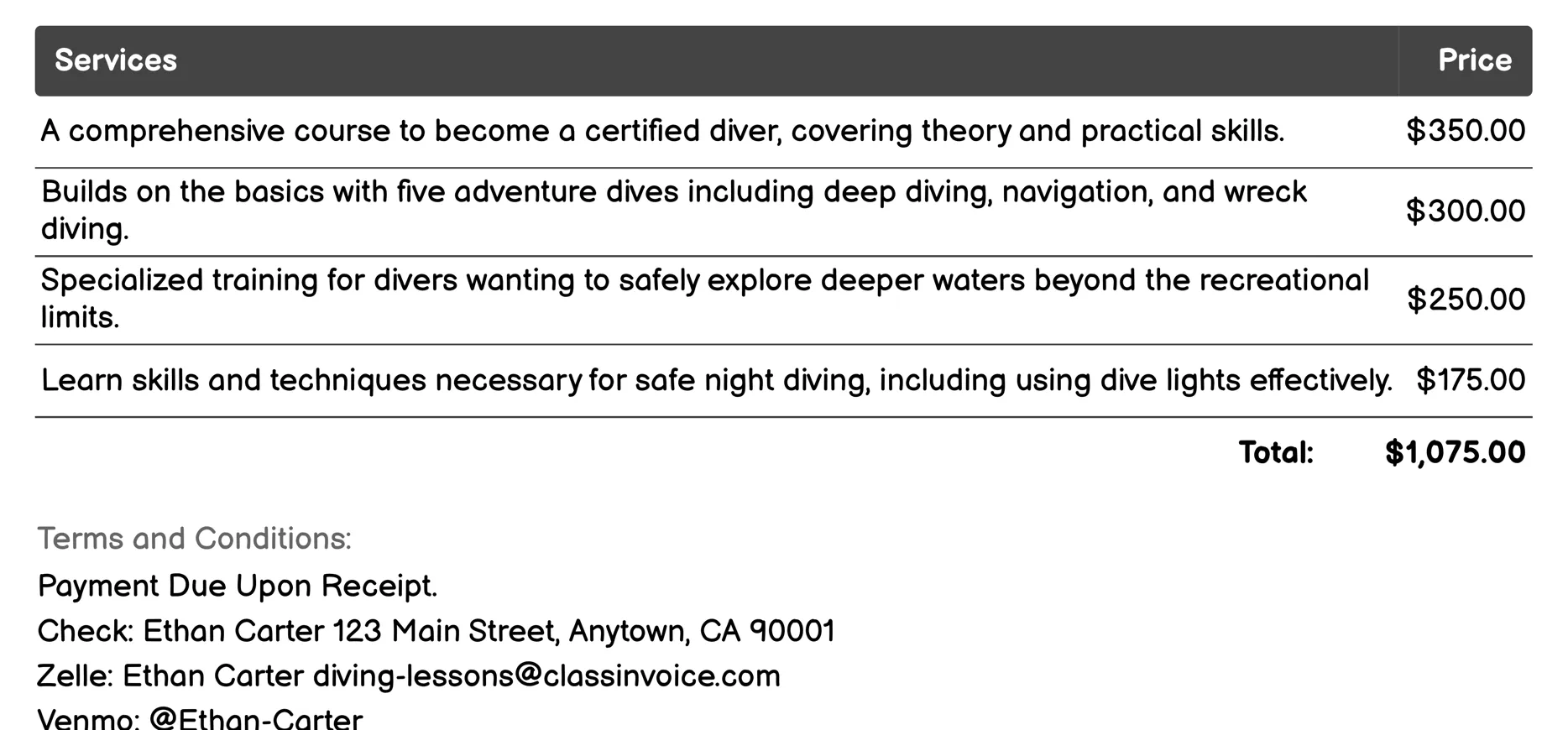 Deep Diver Specialty Invoice Example