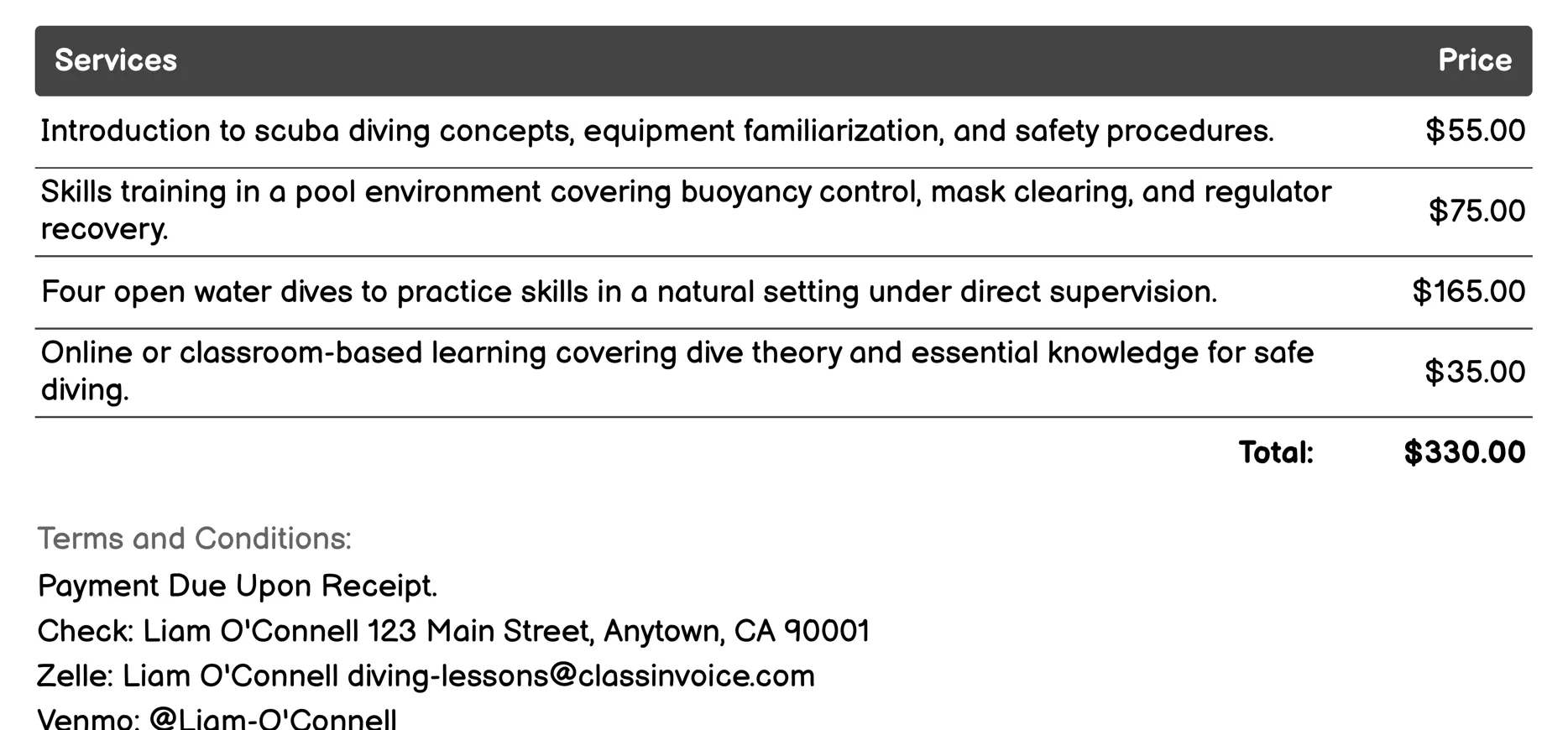 Open Water Diver Course Invoice Example