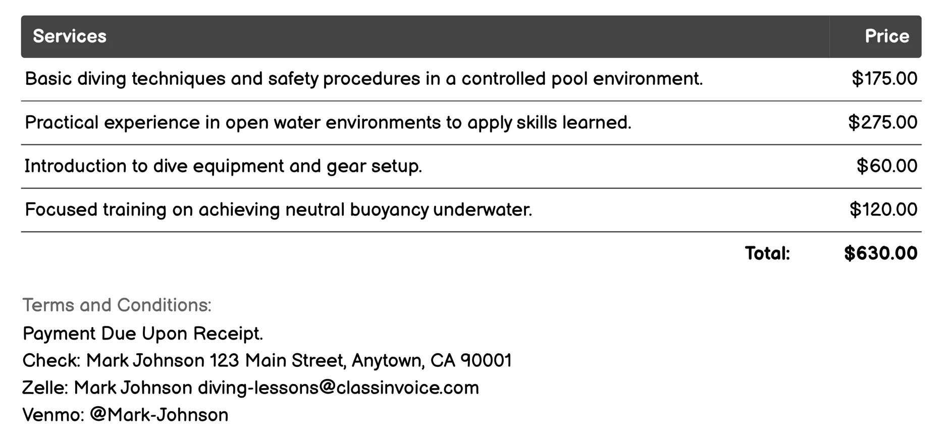 Rescue Diver Course Invoice Example
