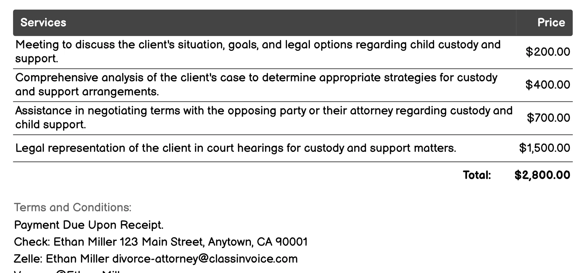 Child Custody and Support Arrangements Invoice Example