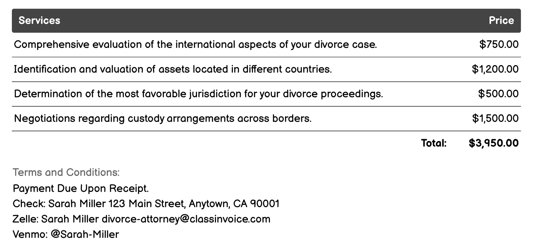 International Divorce Coordination Invoice Example