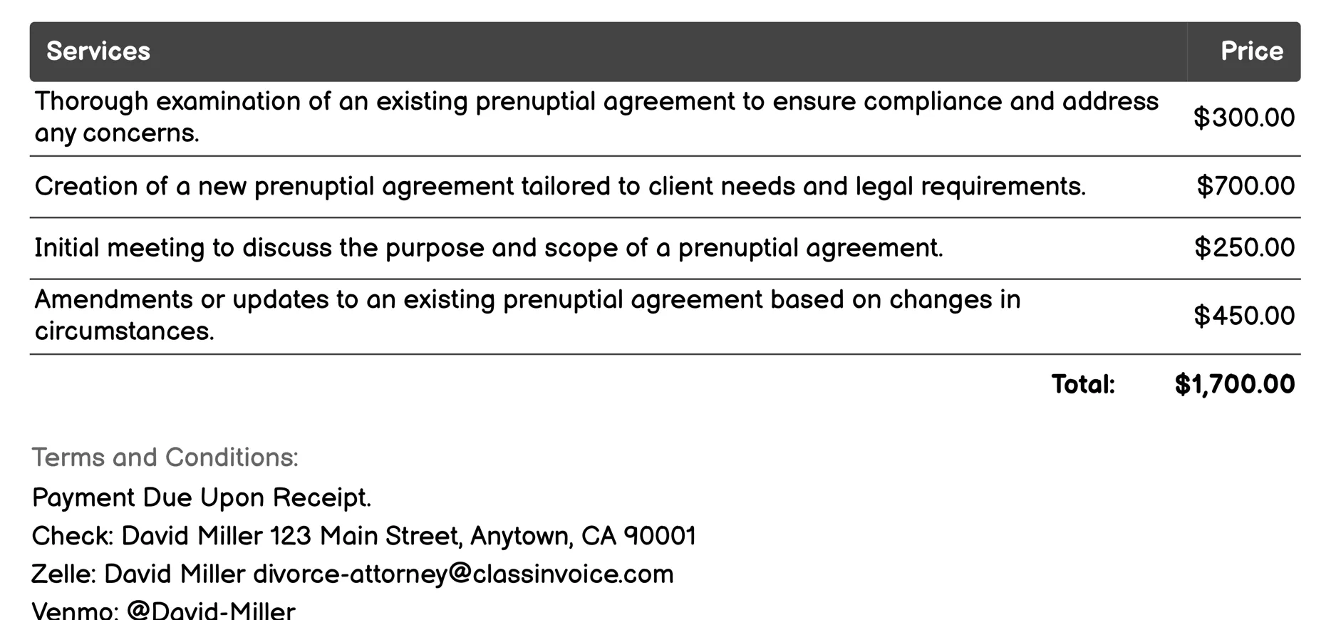 Prenuptial Agreement Review or Drafting Invoice Example