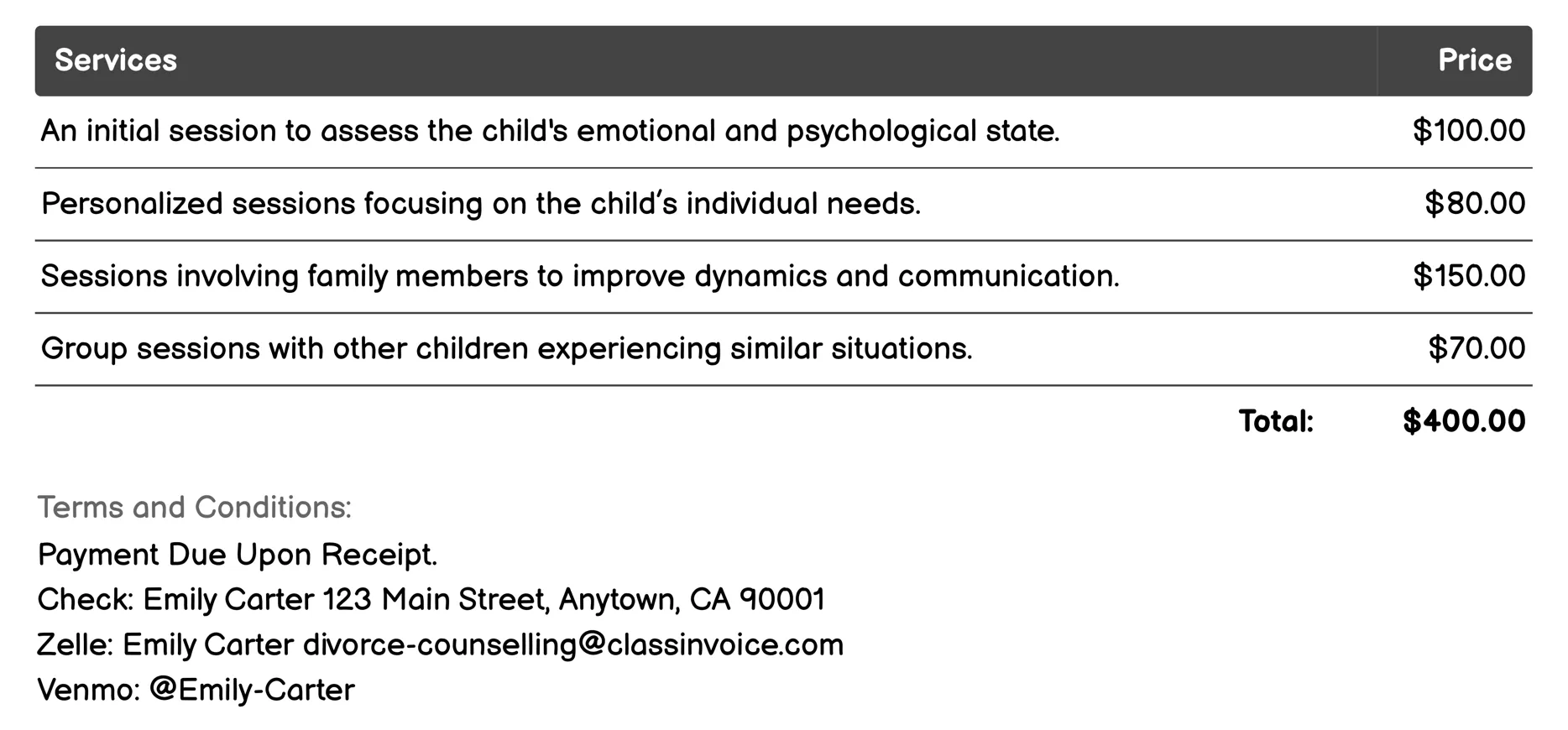 Children’s Therapy Sessions Invoice Example