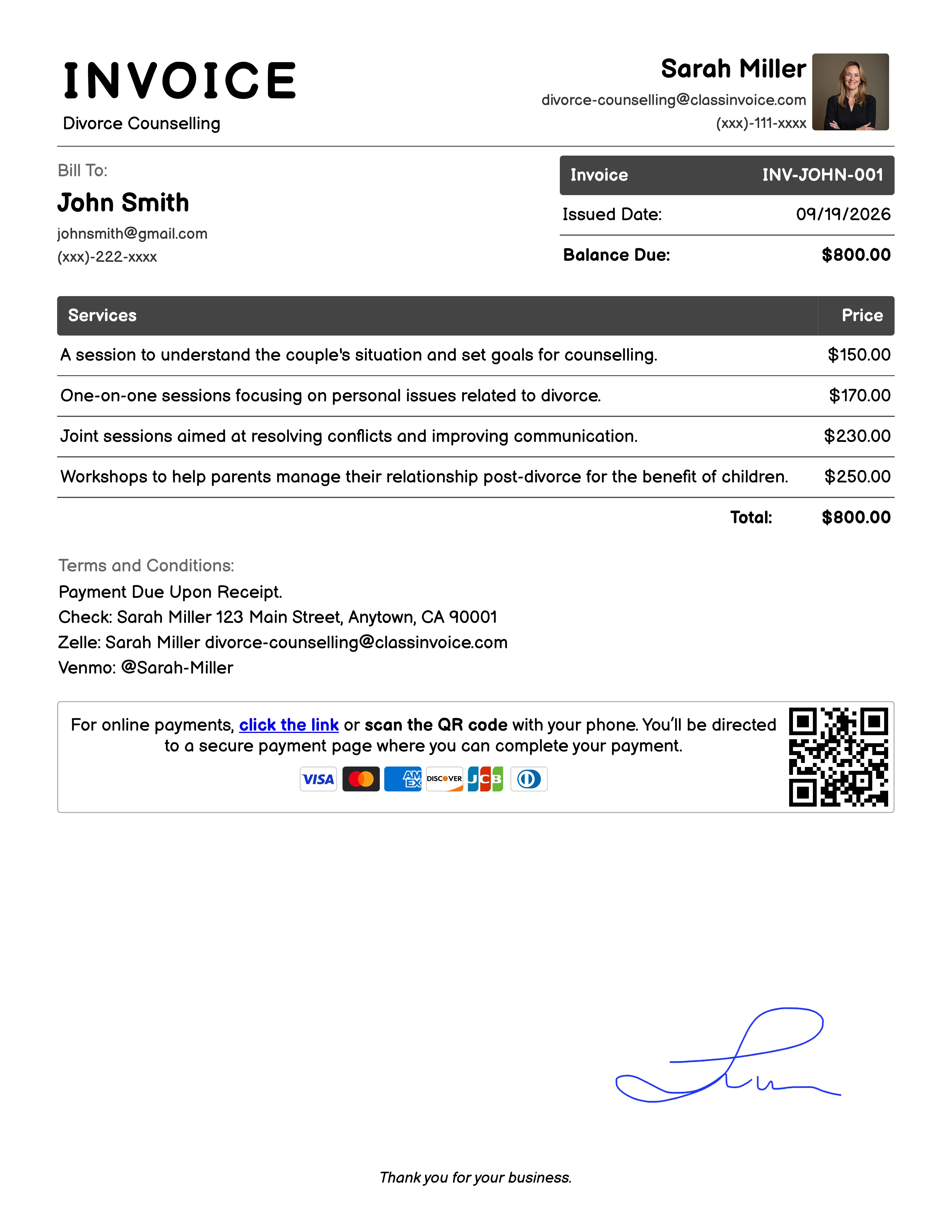 Divorce Counselling Invoice Example