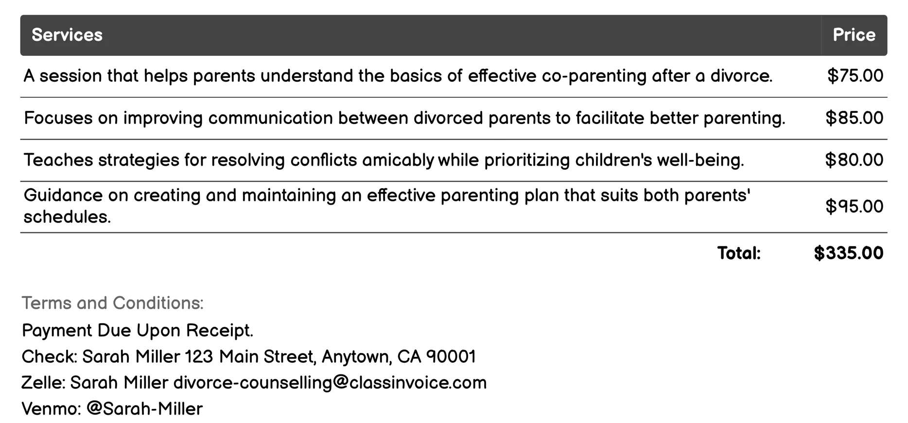 Parenting Classes Invoice Example