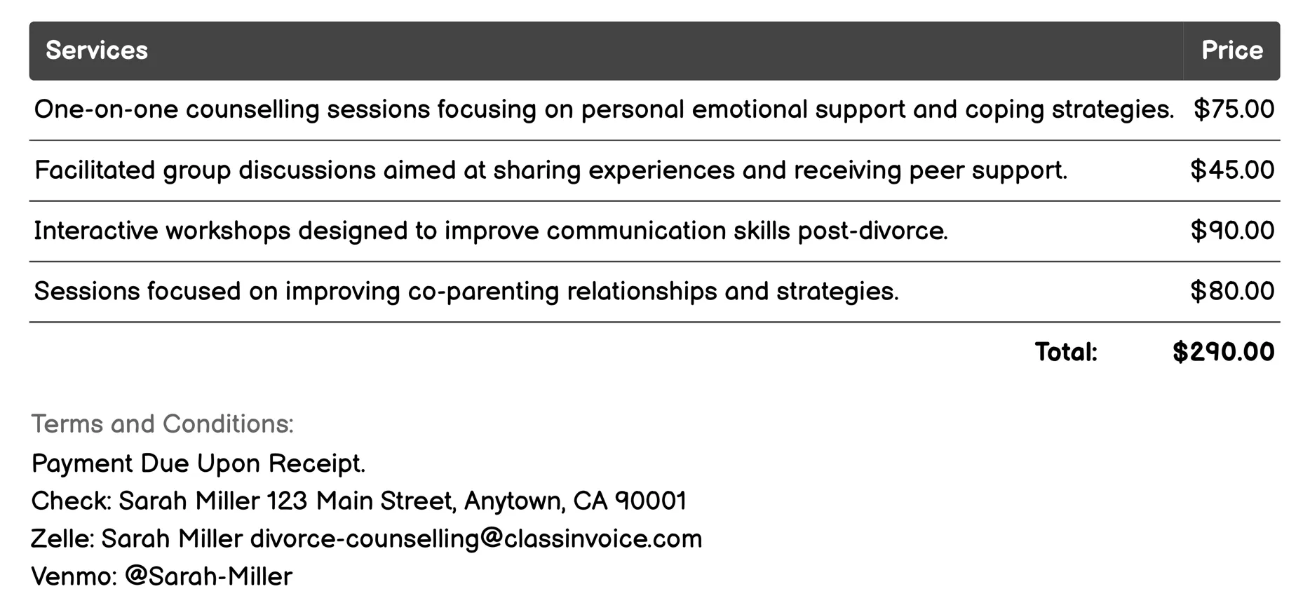 Support Groups Invoice Example