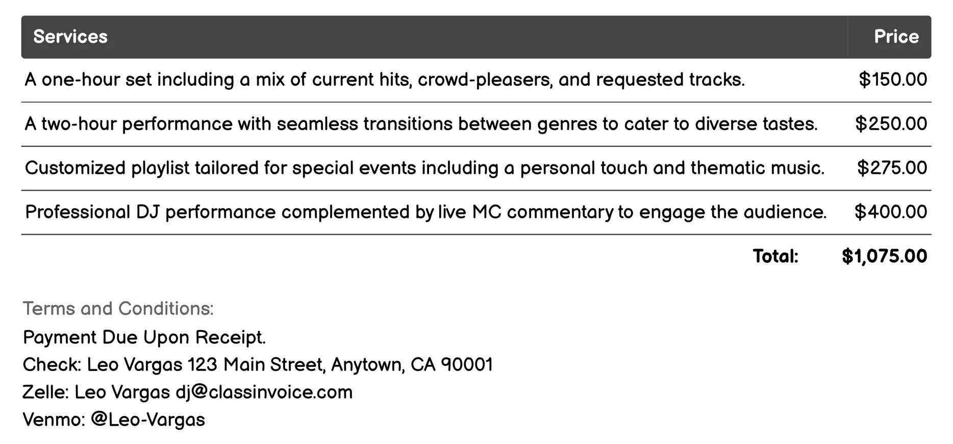 Bar/Bistro DJ Invoice Example