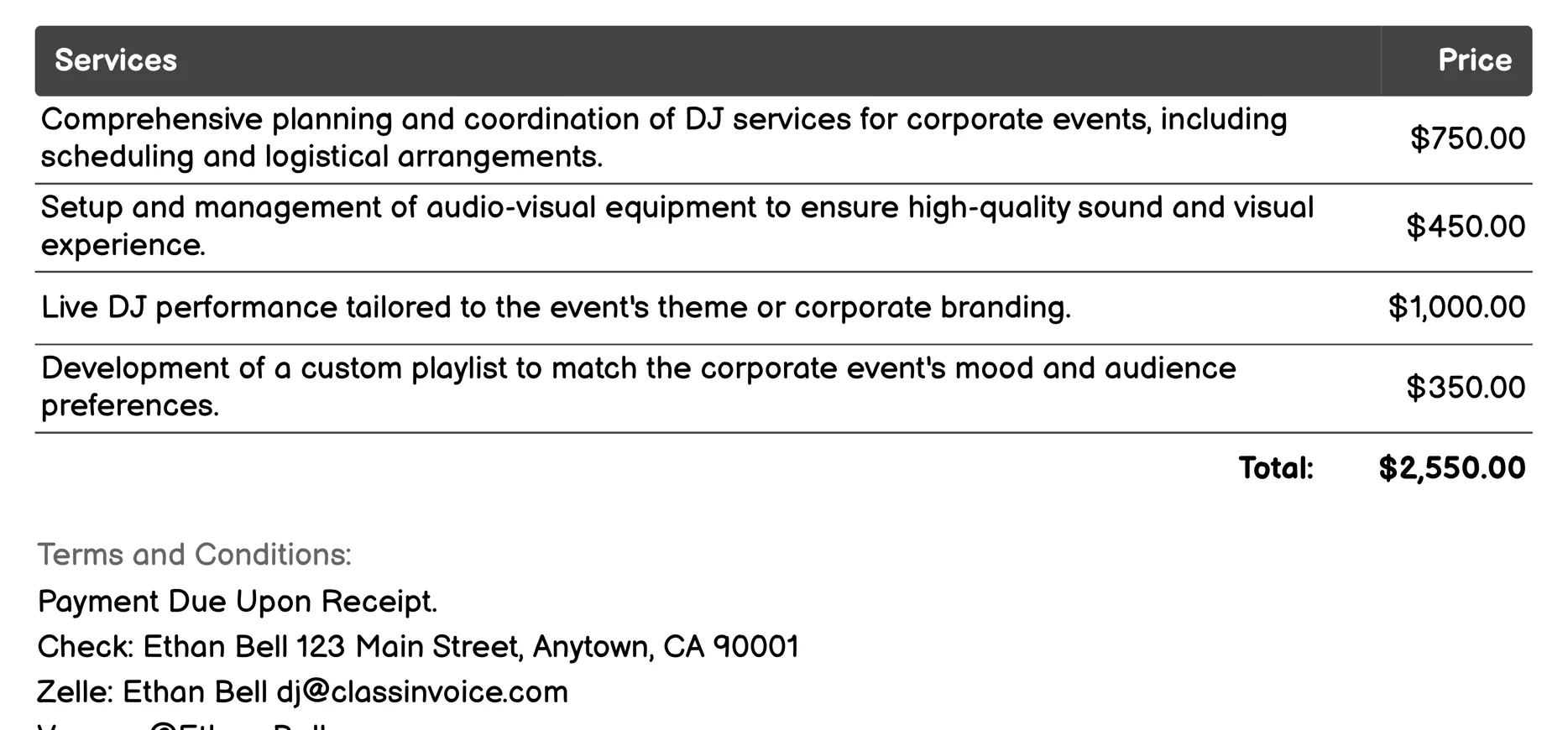 Corporate Functions DJ Invoice Example