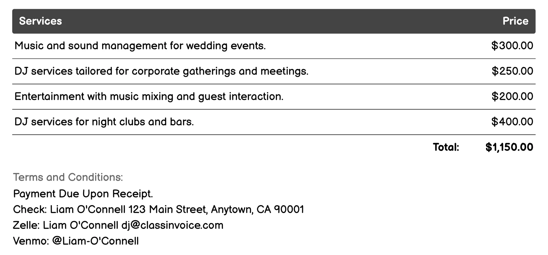 Mobile DJ Invoice Example
