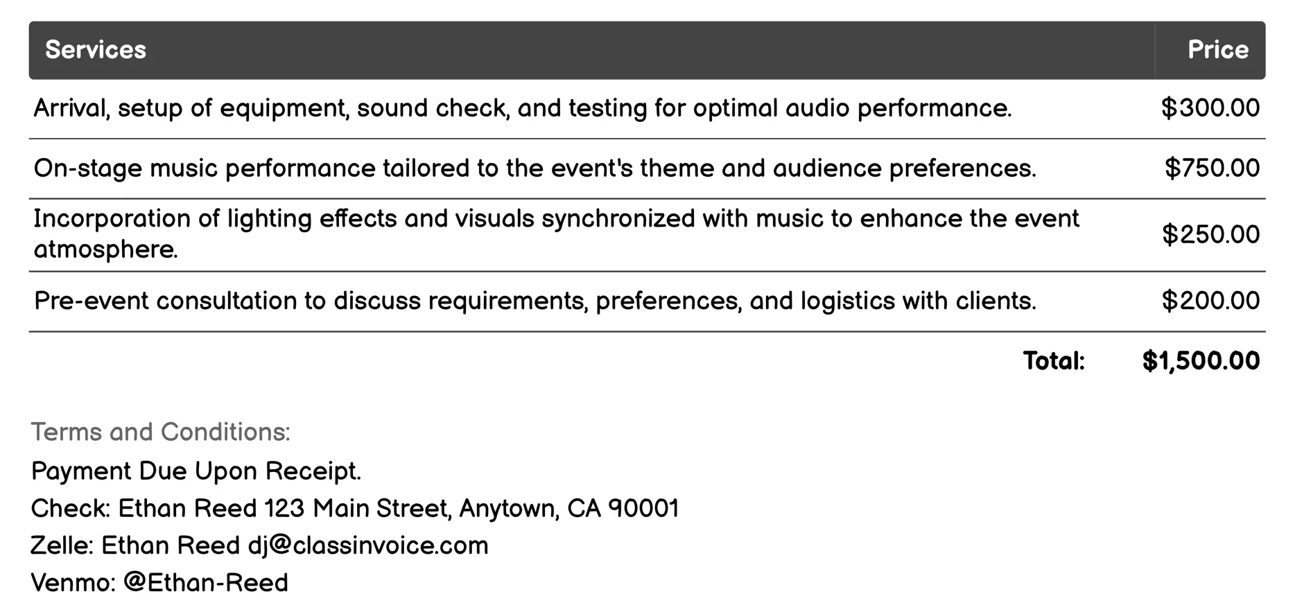 Outdoor Events DJ Invoice Example