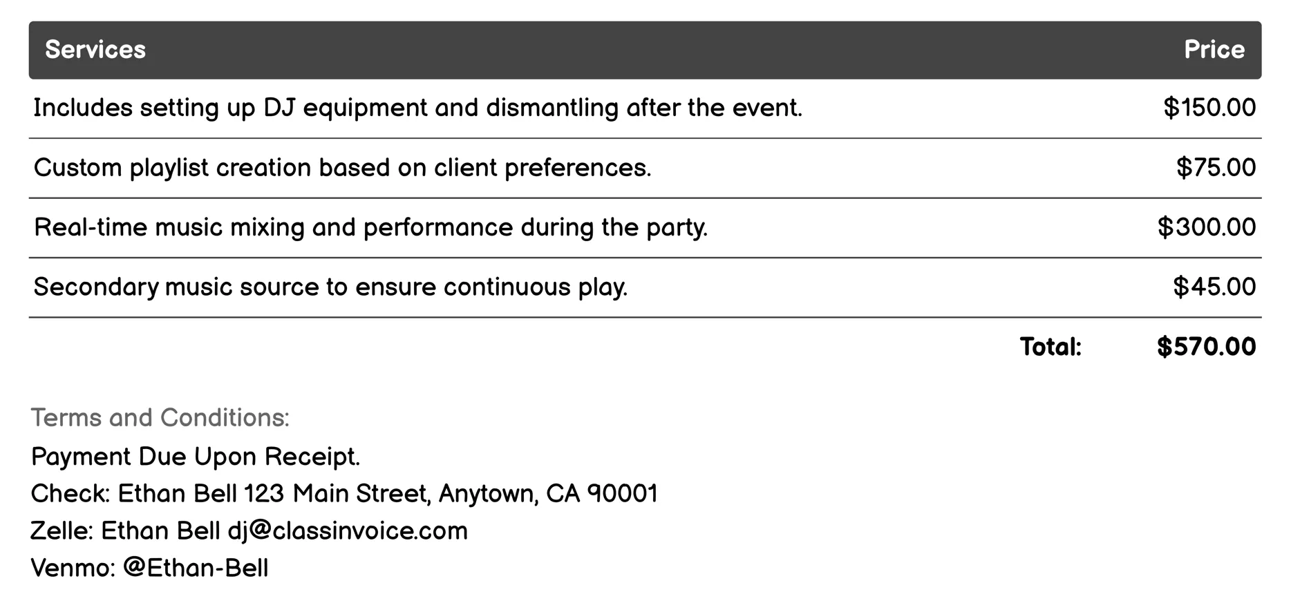 Private Party DJ Invoice Example