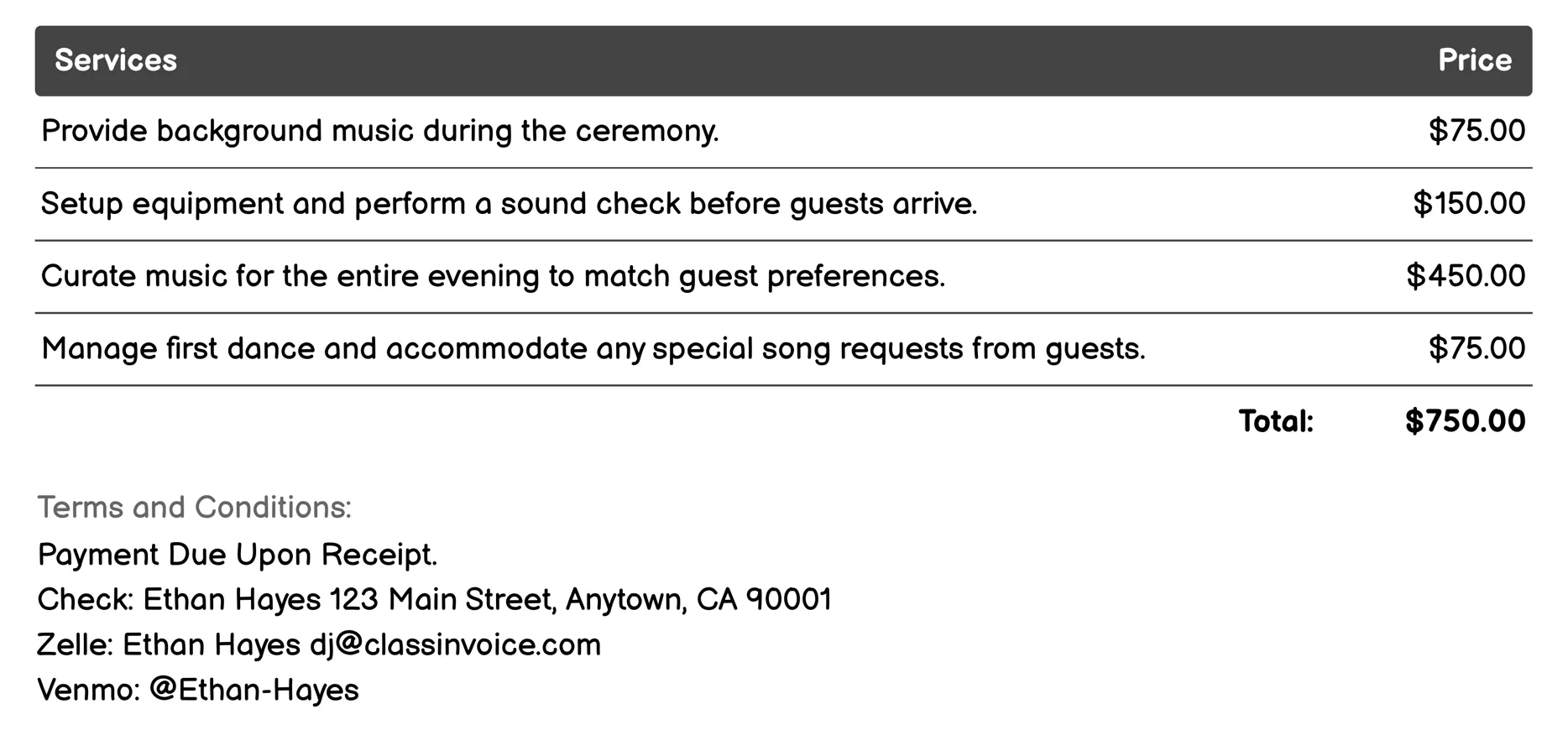 Wedding DJ Invoice Example