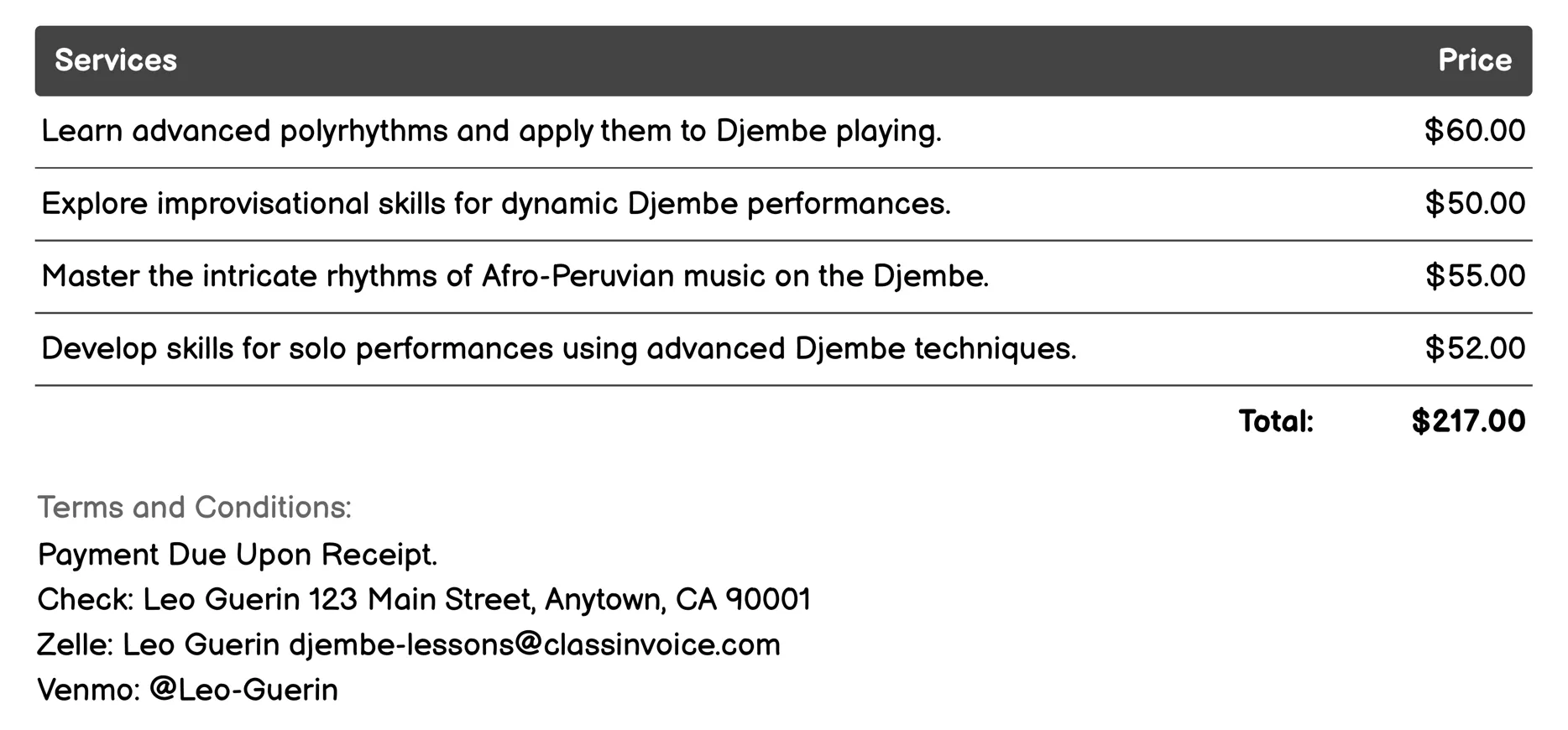 Advanced Technique Sessions Invoice Example
