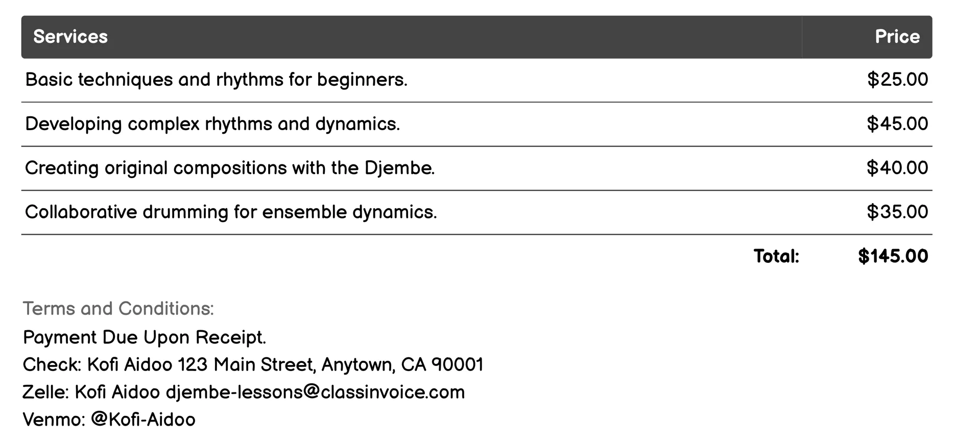 Rhythm Composition Classes Invoice Example