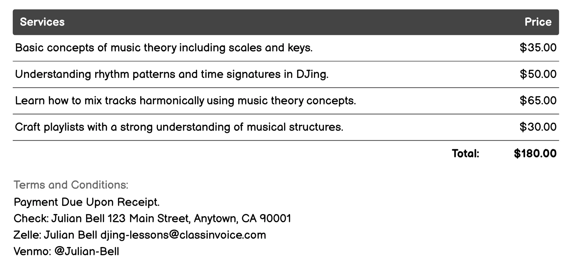 Music Theory Invoice Example
