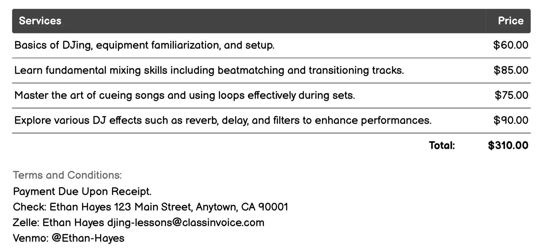 Sound Engineering Basics Invoice Example