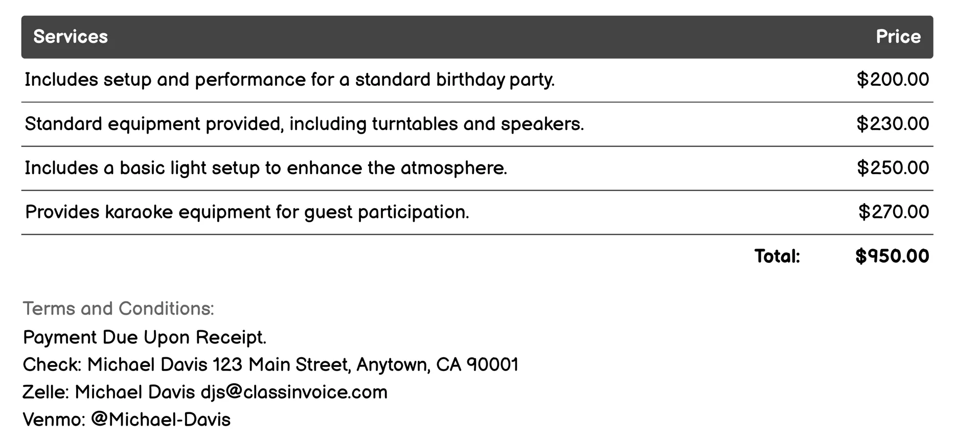 Birthday Party DJ Services Invoice Example