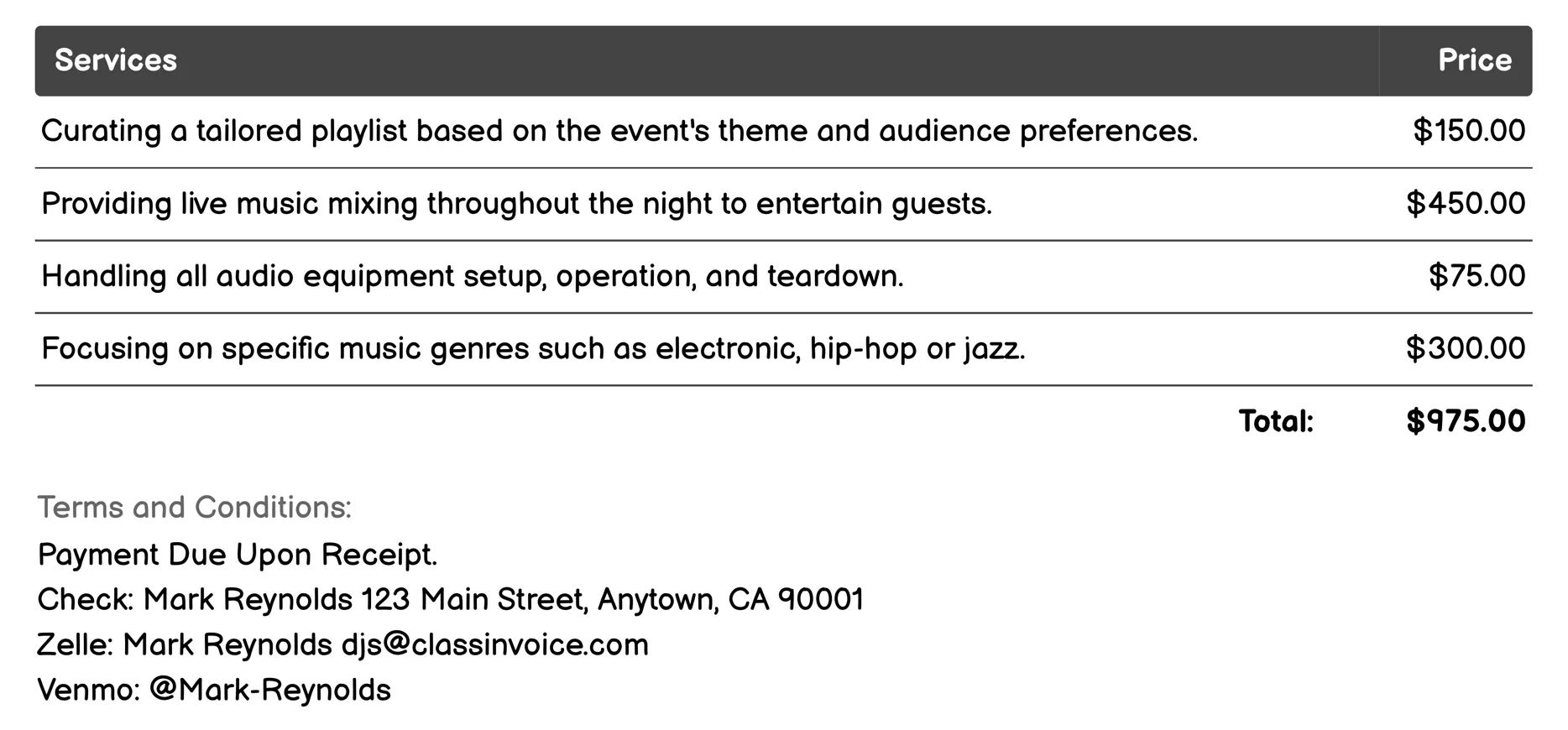Club Night DJ Services Invoice Example