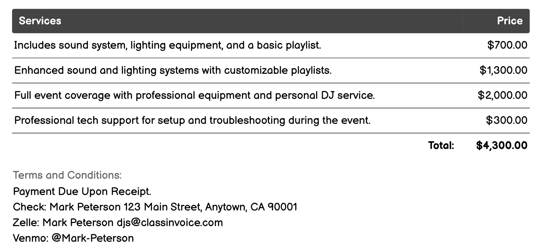 Corporate Event DJ Services Invoice Example