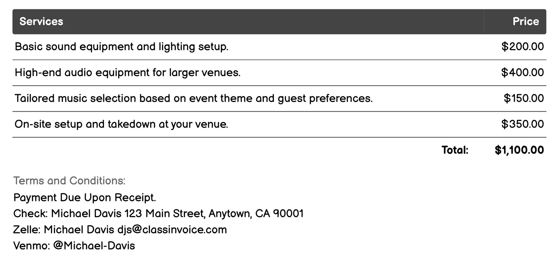 Holiday Event DJ Services Invoice Example