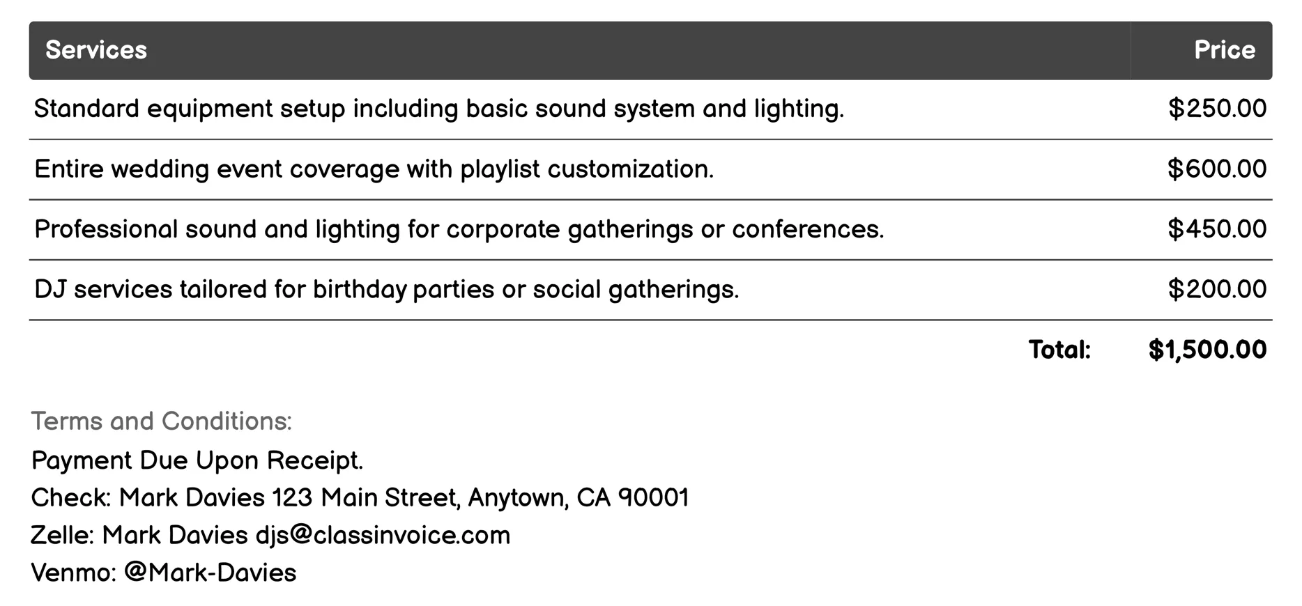 Mobile DJ Services Invoice Example