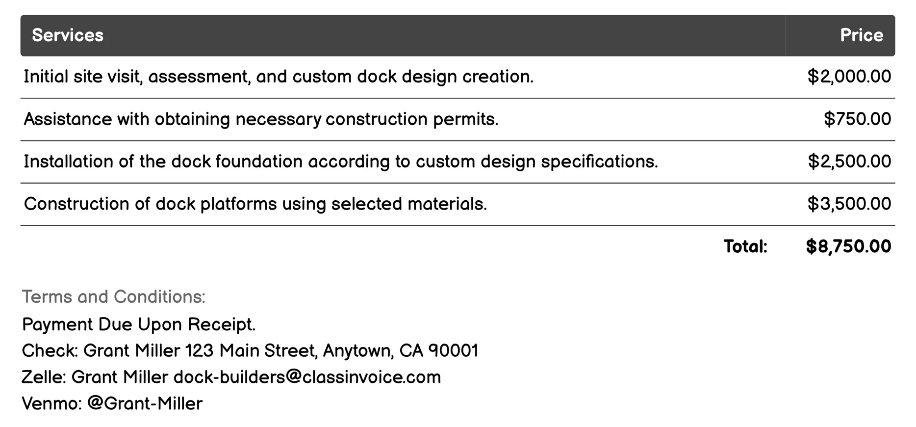 Custom Dock Design Invoice Example