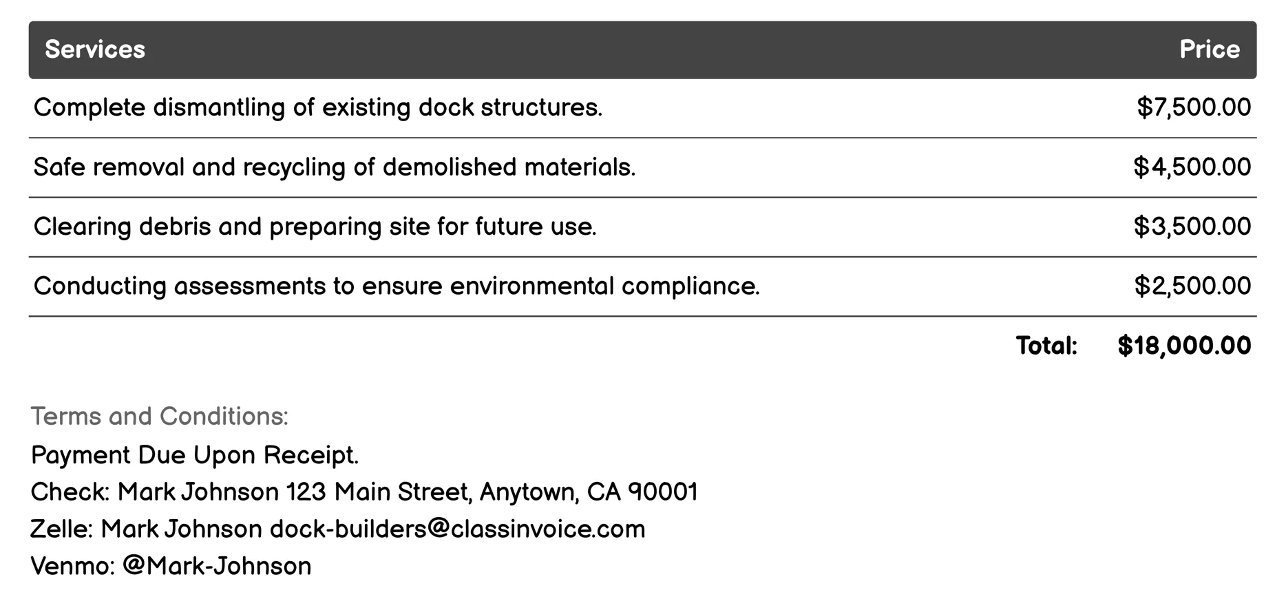 Dock Demolition Services Invoice Example