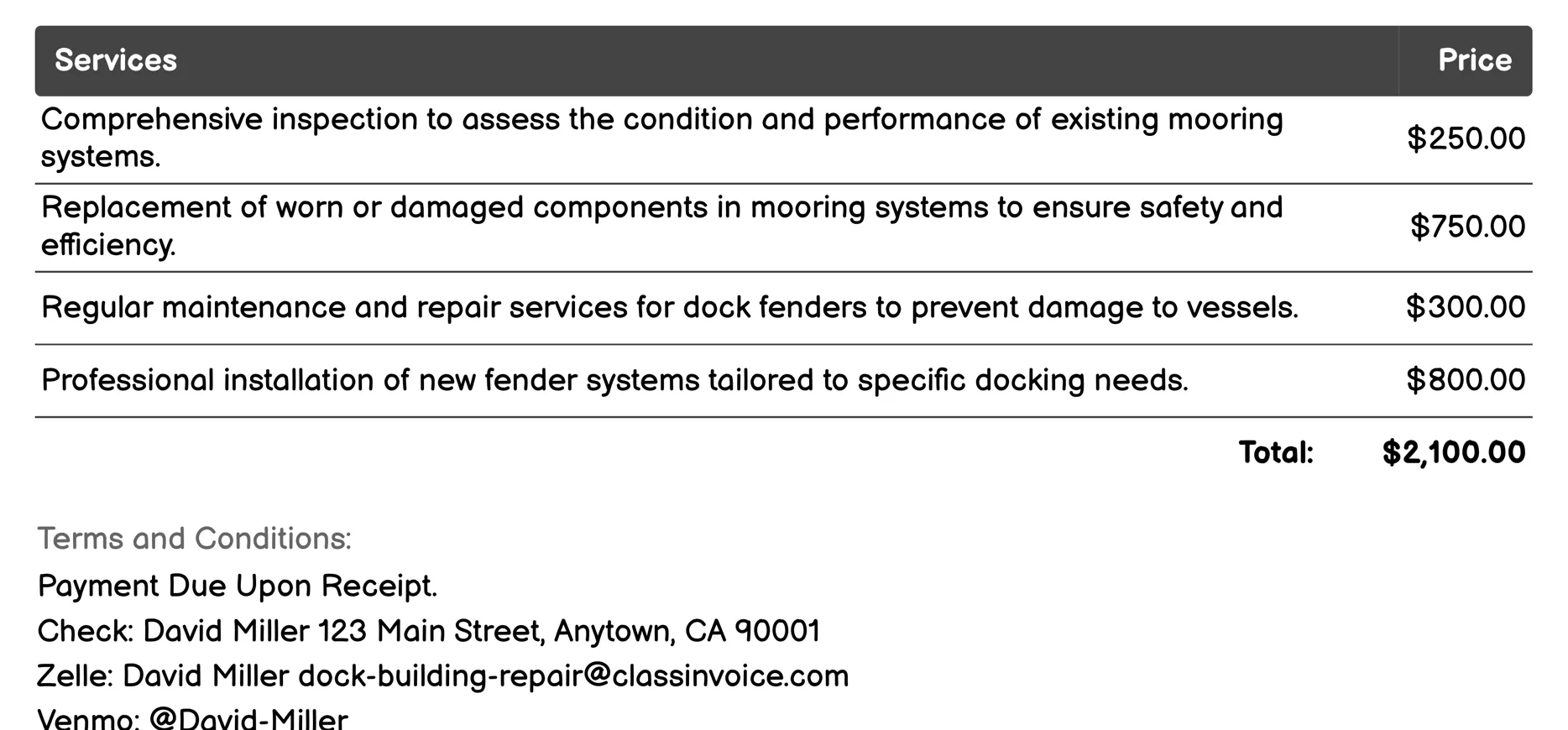 Mooring and Fender Systems Maintenance Invoice Example