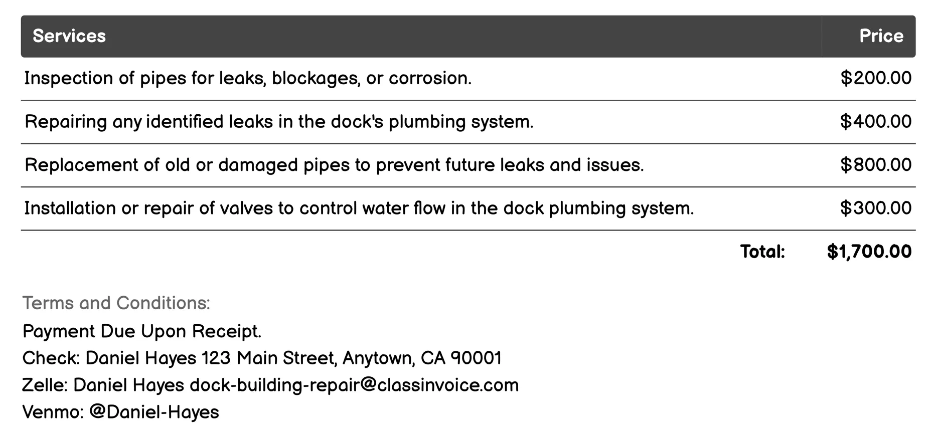 Plumbing and Utilities Repair Invoice Example
