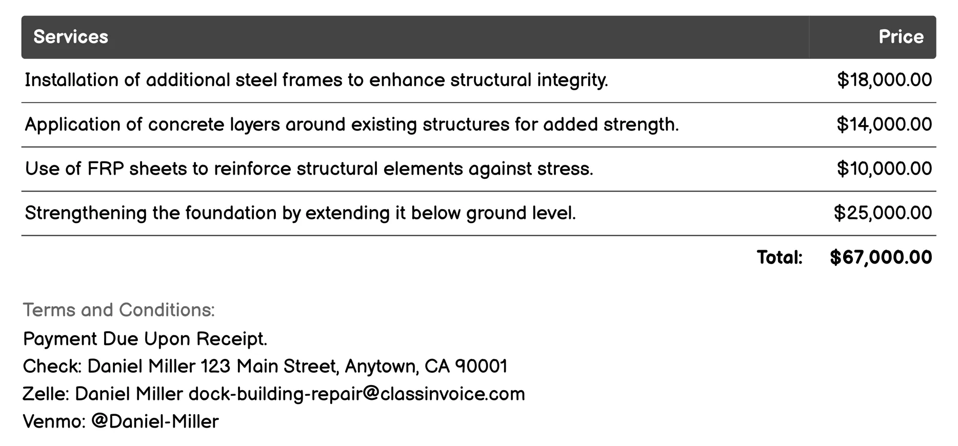 Structural Reinforcement Invoice Example