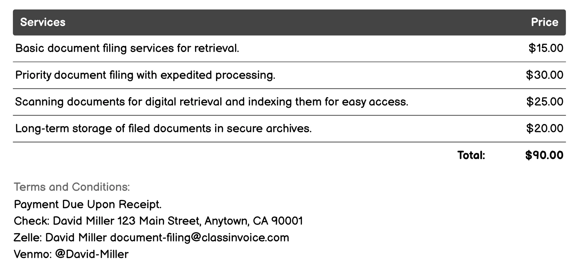 Document Retrieval Services Invoice Example