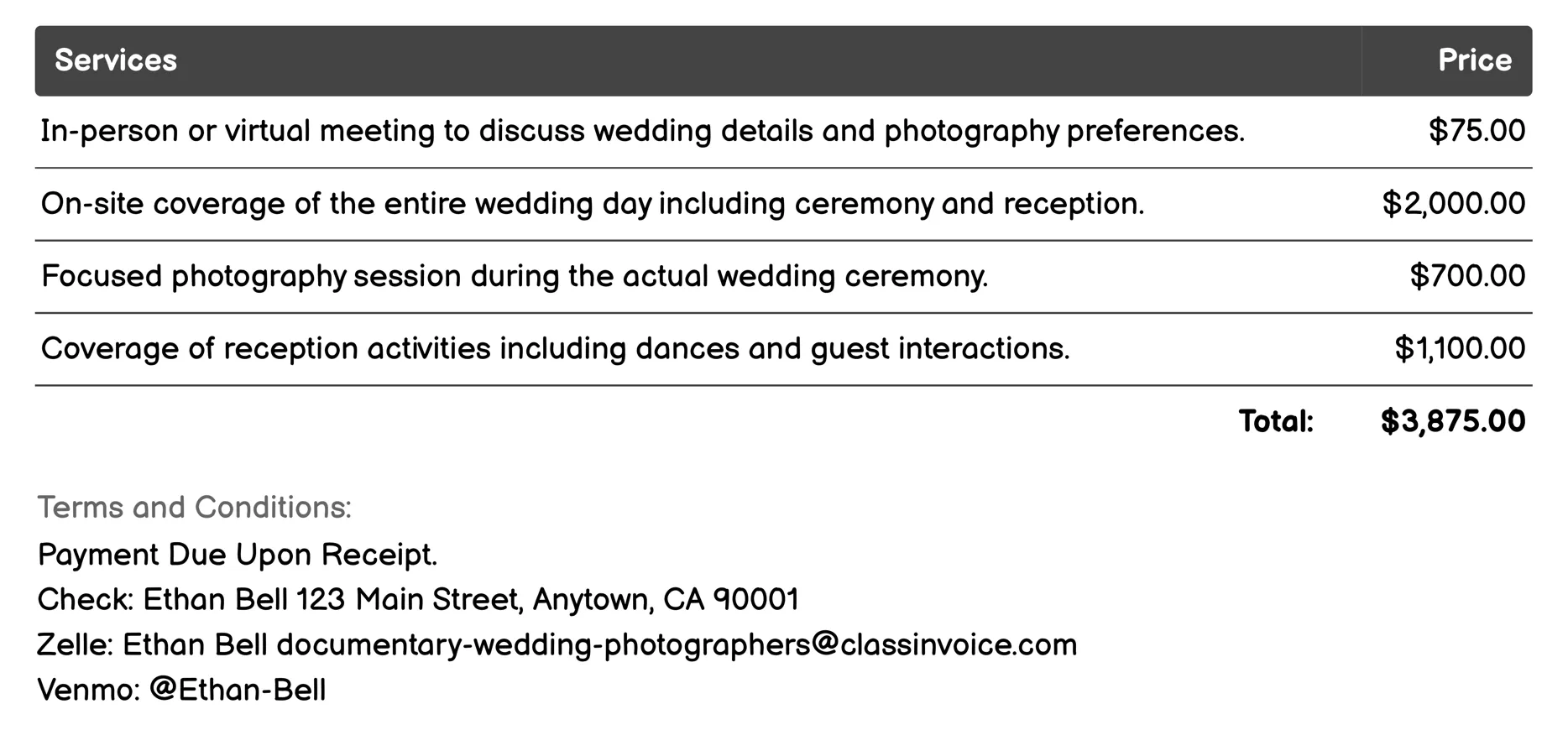 Couples Portraits Invoice Example