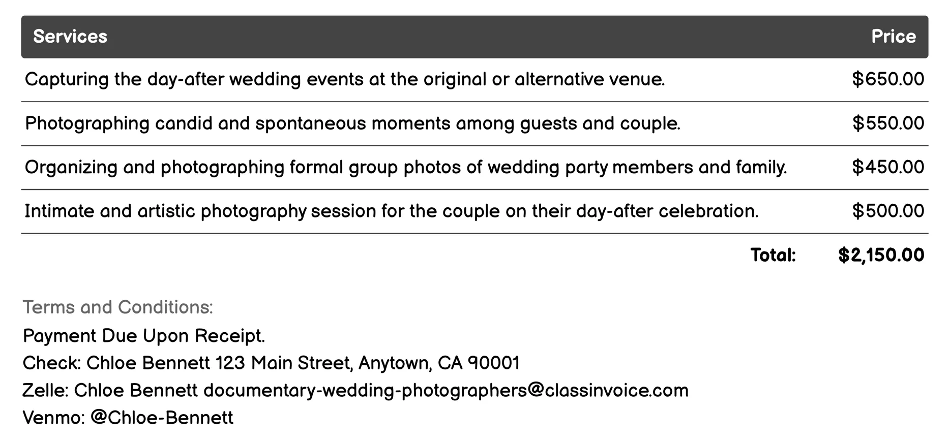 Day-After Shoots Invoice Example