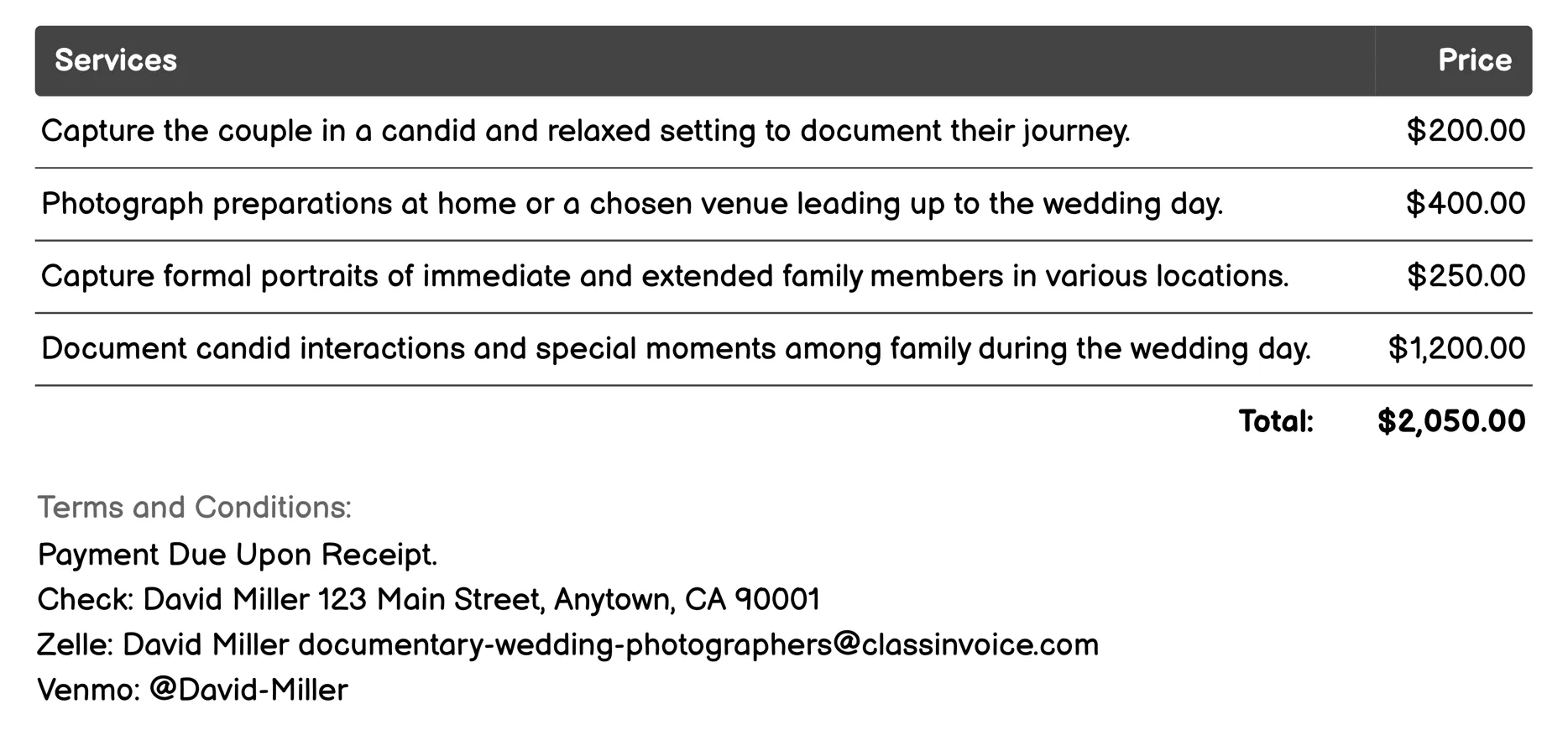 Family Sessions Invoice Example