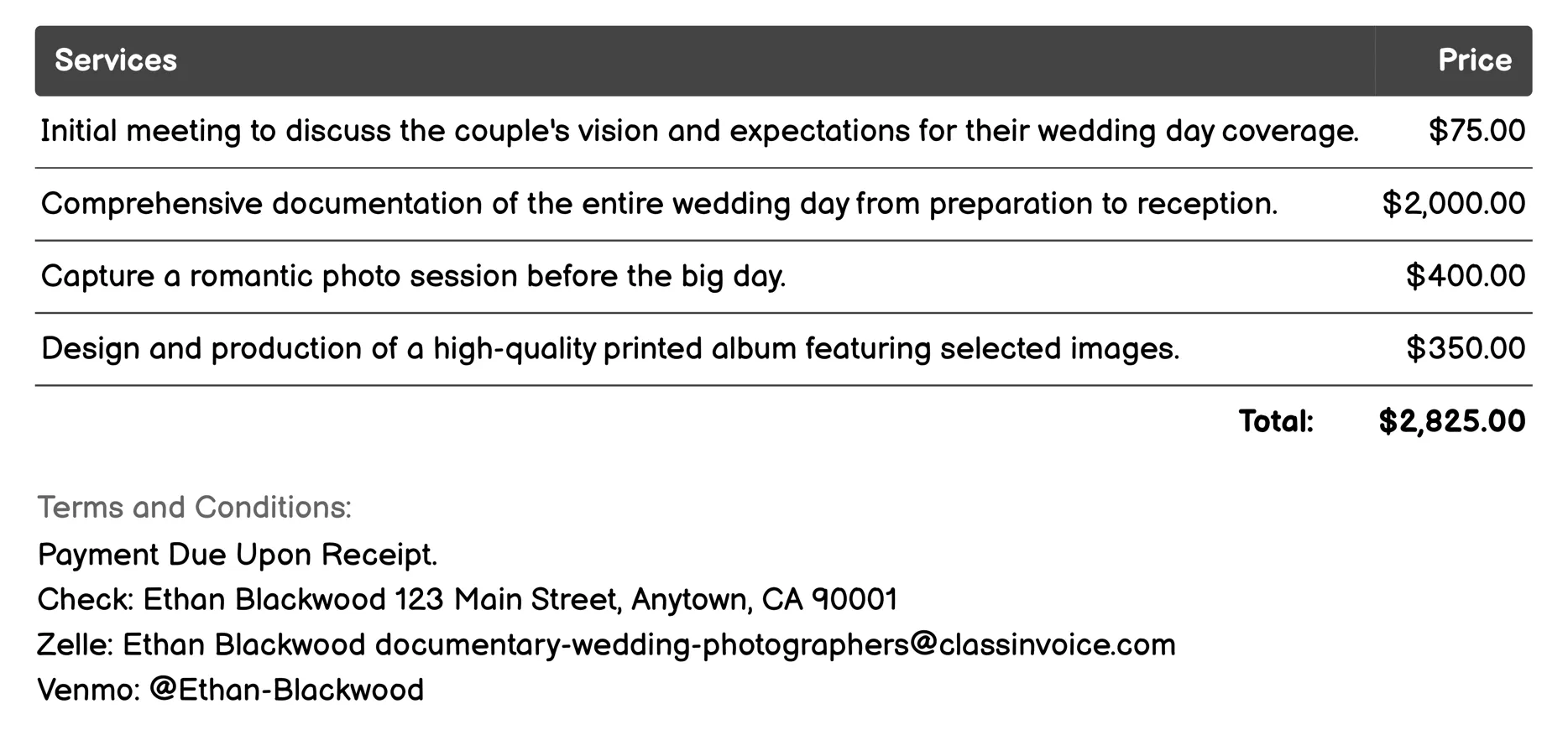 Photojournalistic Style Invoice Example