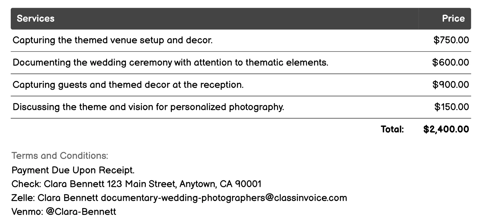 Themed Weddings Invoice Example