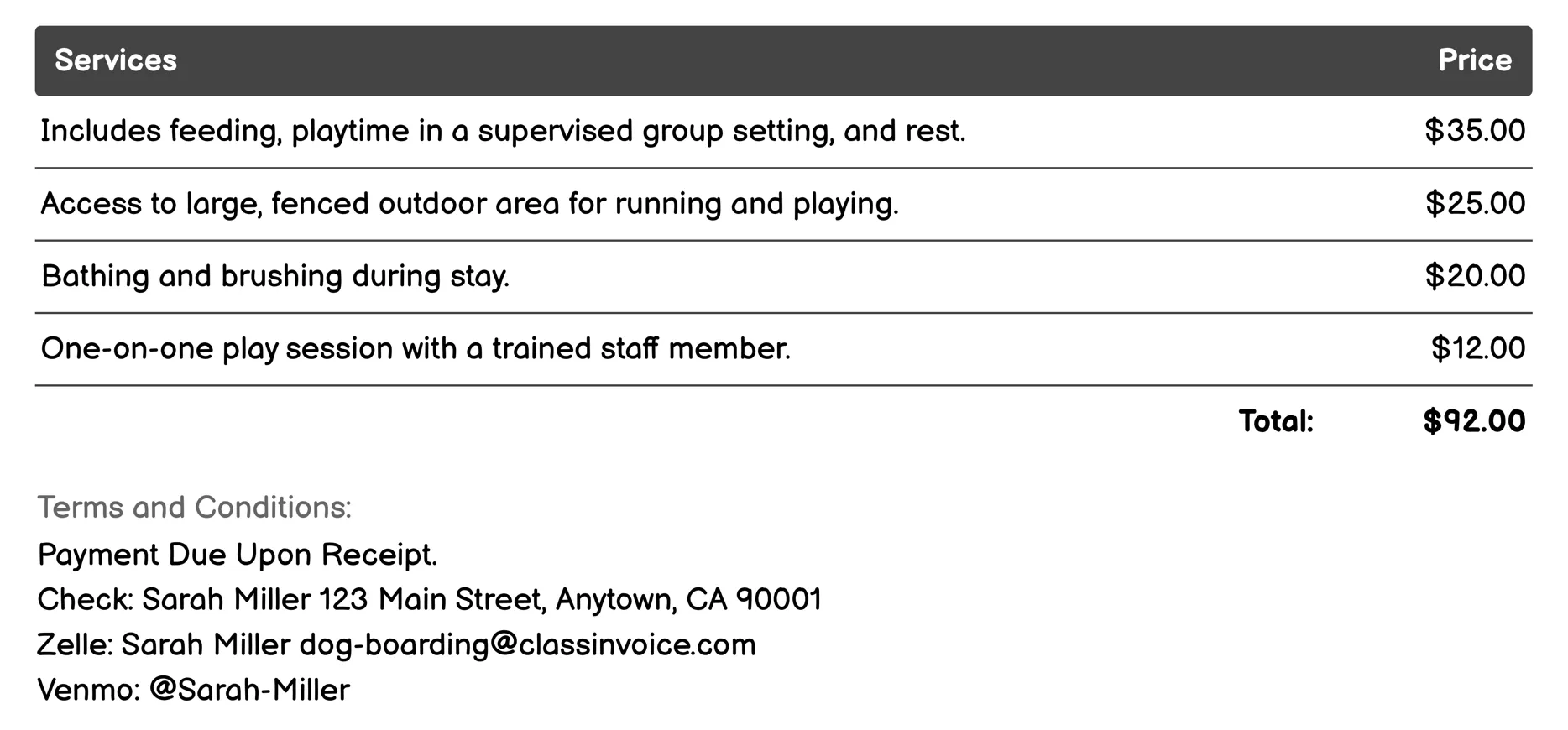 Day Care for Dogs Invoice Example