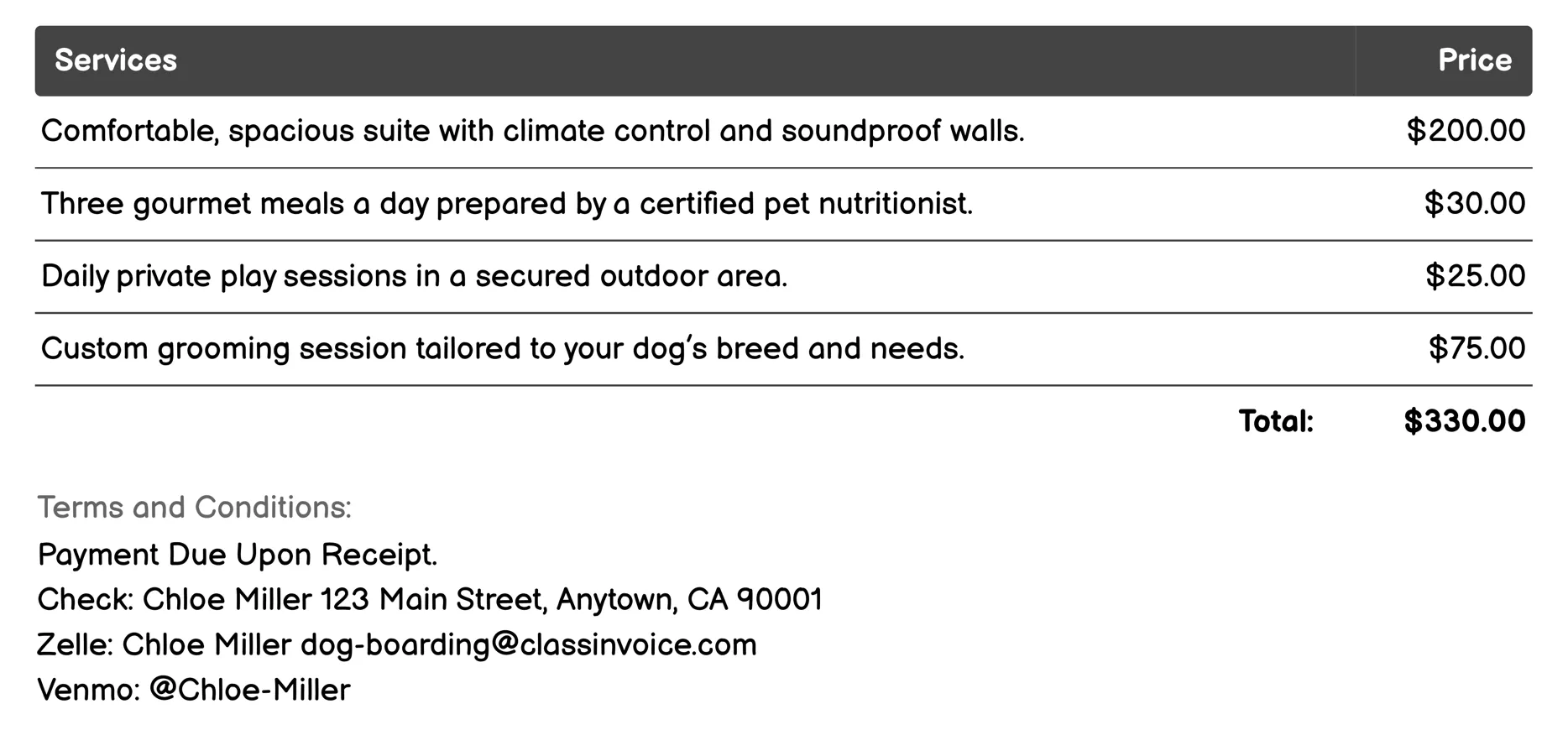 Luxury Dog Suites Invoice Example