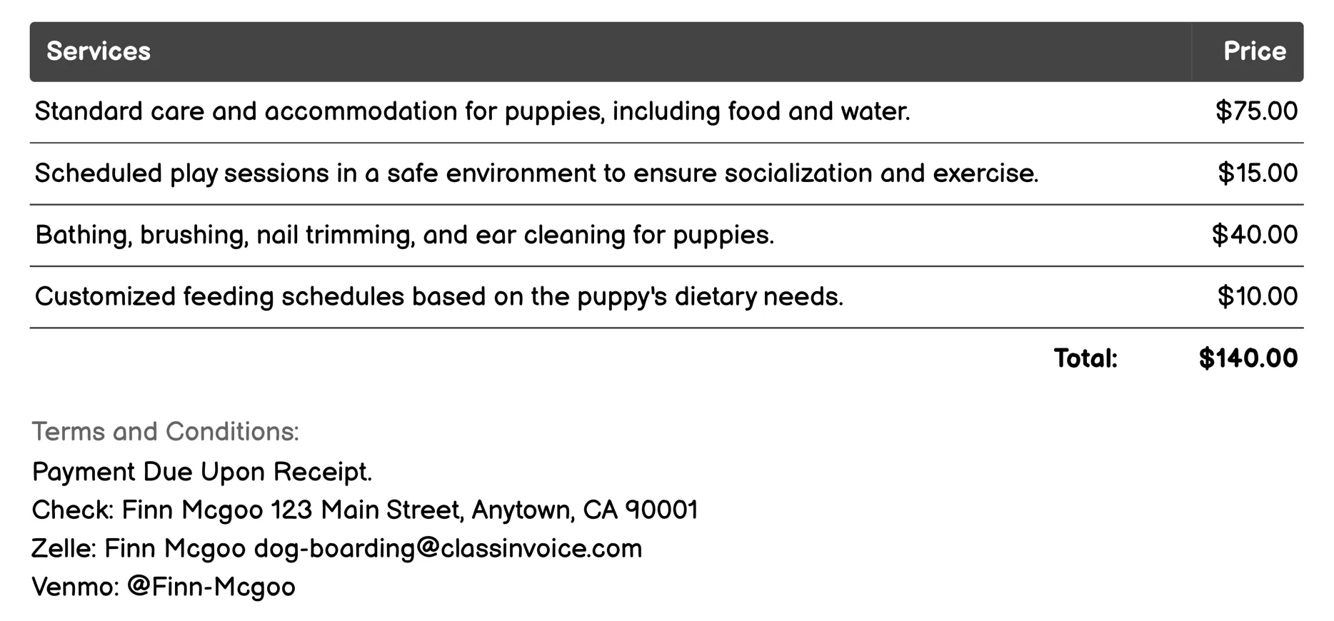 Puppy Boarding Invoice Example