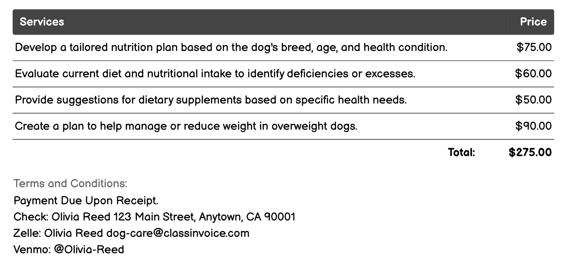 Nutrition Consultation Invoice Example